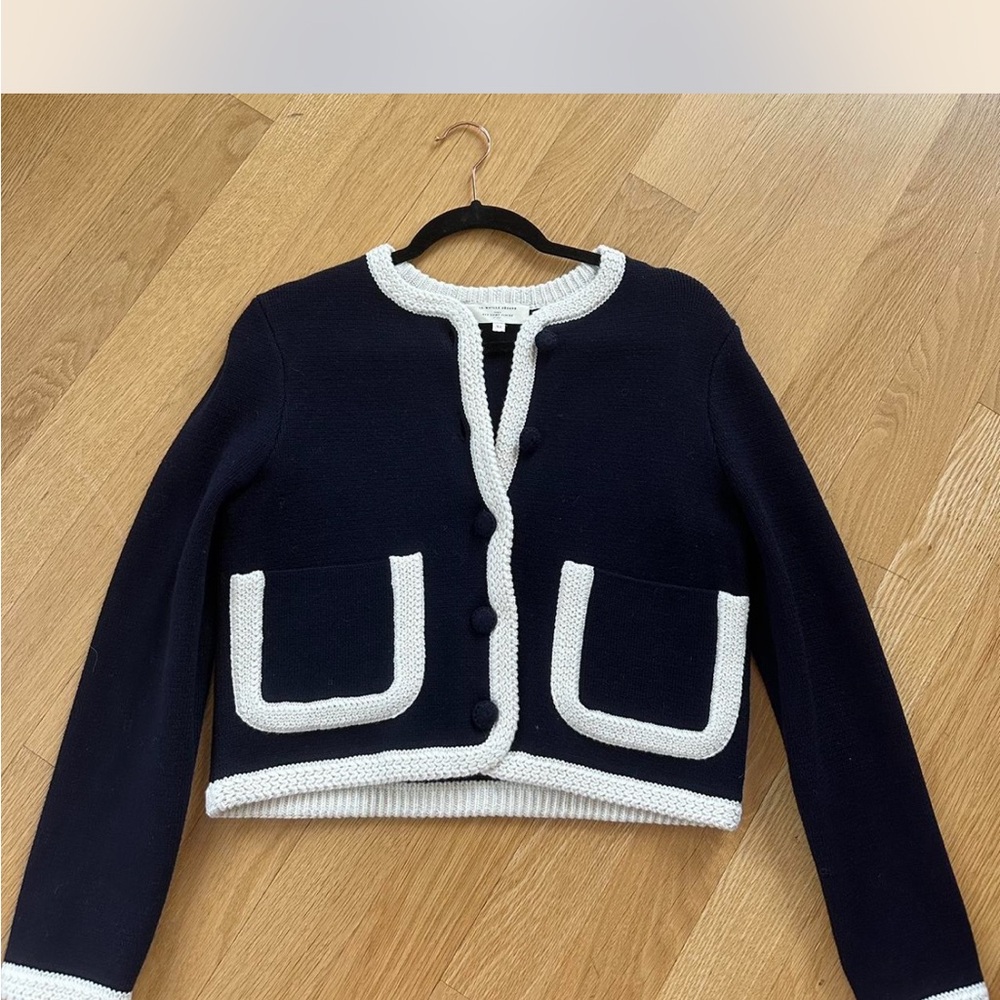 Sézane Navy and White Cropped Knit Cardigan